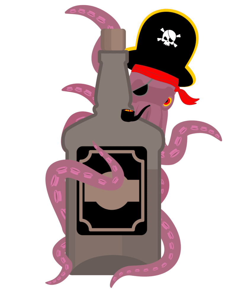 Octopus pirate twisted around bottle of rum.